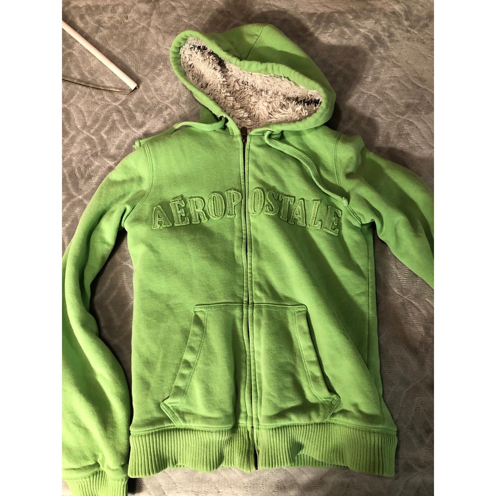 Vtg Aeropostale Zip Up Hoodie Lime Green Women Sz Medium Distressed Y2K